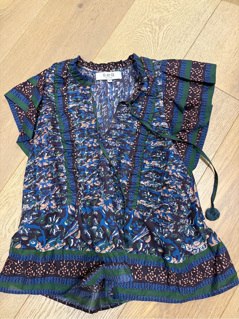 Sea New York Blue and Green Printed Ruffle V-Neck Blouse